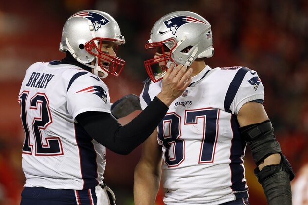 New England Patriots quarterback Tom Brady (12) celebrates with tight end Rob Gronkowski (87) during the second half of the AFC Championship NFL football game against the Kansas City Chiefs, Sunday, Jan. 20, 2019, in Kansas City, Mo. (AP Photo/Jeff Roberson)
