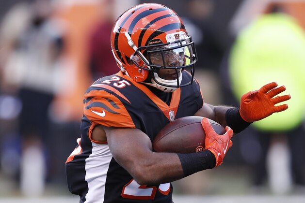 Cincinnati Bengals running back Giovani Bernard (25) runs the ball against the Denver Broncos during an NFL football game in Cincinnati, Sunday, Dec. 2, 2018. The Broncos won the game 24-10. (Jeff Haynes/AP Images for Panini)
