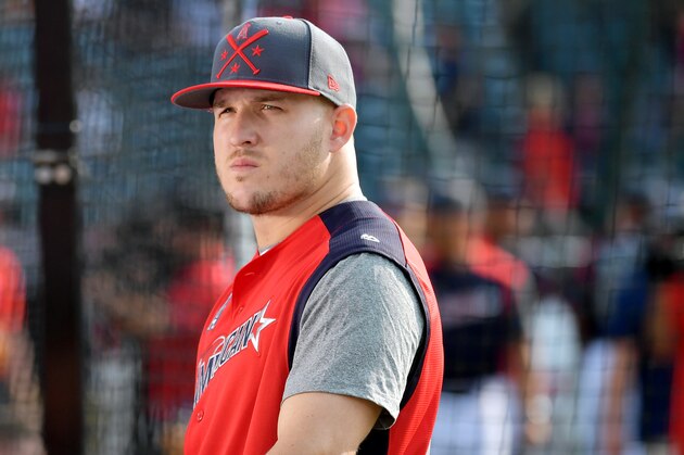 CLEVELAND, OHIO - JULY 08: Mike Trout of the Los Angeles Angels of Anaheim and the American League looks on during Gatorade All-Star Workout Day at Progressive Field on July 08, 2019 in Cleveland, Ohio. (Photo by Jason Miller/Getty Images)