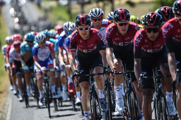 British rider Geraint Thomas (C) rides in the pack  during the fourth stage of the 106th edition of the Tour de France cycling race between Reims and Nancy, eastern France, on July 9, 2019. (Photo by Anne-Christine POUJOULAT / AFP)        (Photo credit should read ANNE-CHRISTINE POUJOULAT/AFP/Getty Images)