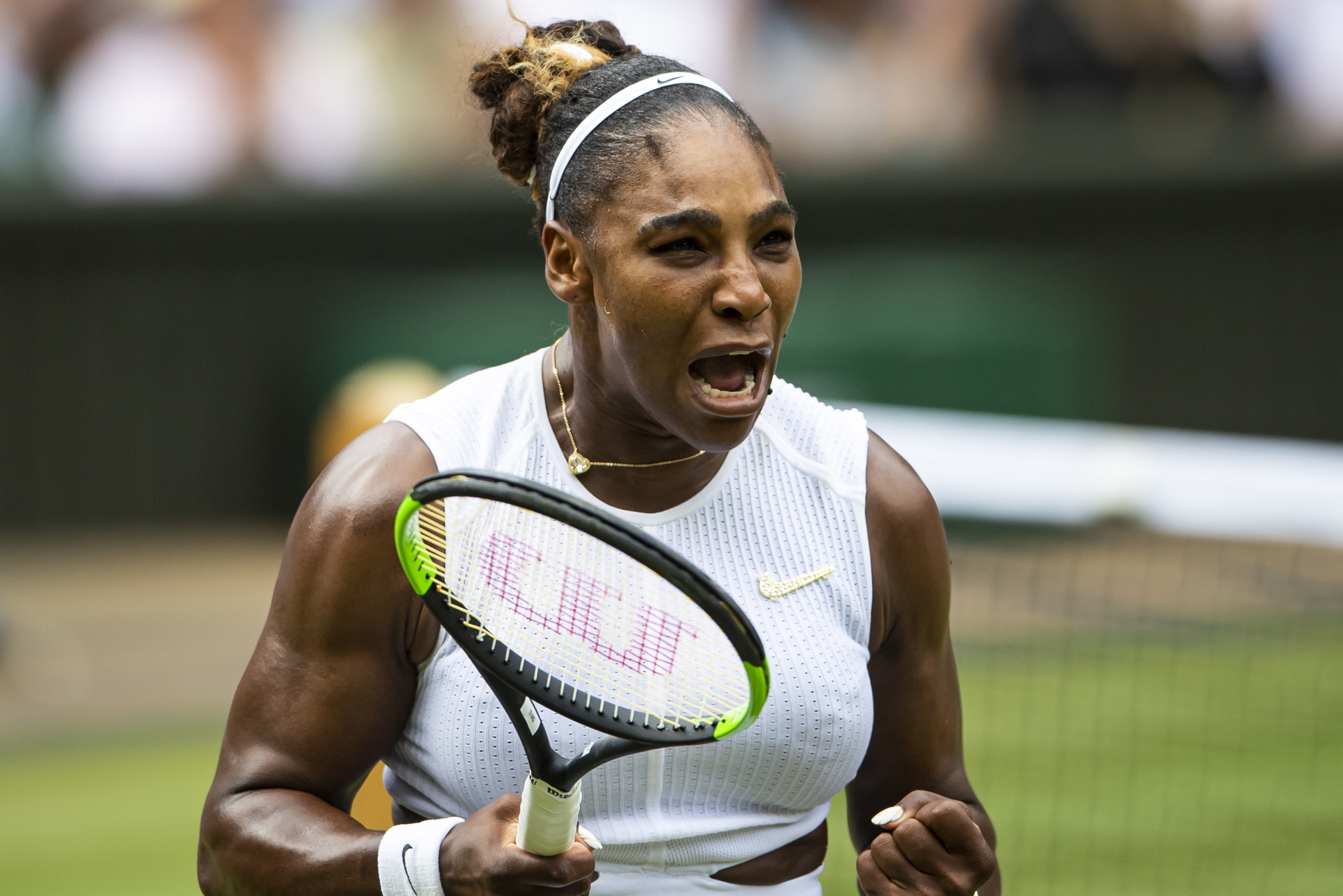LONDON, ENGLAND - JULY 09: Serena Williams of the United States celebrates over Alison Riske of the United States during Day 8 of The Championships - Wimbledon 2019 at All England Lawn Tennis and Croquet Club on July 09, 2019 in London, England. (Photo by TPN/Getty Images)