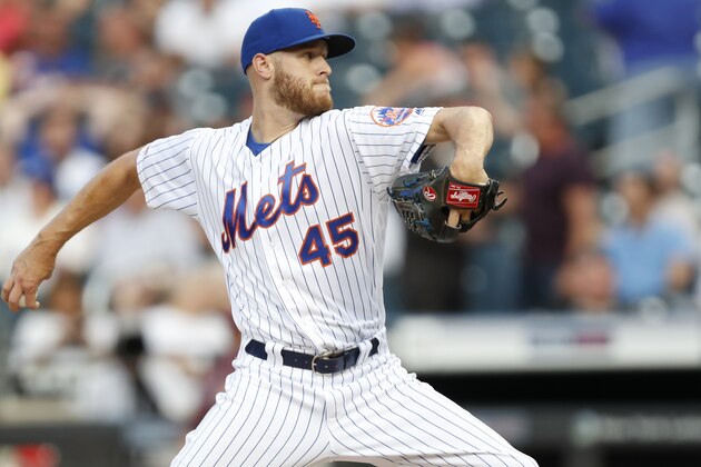 New York Mets' starting pitcher Zack Wheeler (45) throws during the first inning of an interleague baseball game against the New York Yankees, Tuesday, July 2, 2019, in New York. (AP Photo/Kathy Willens)