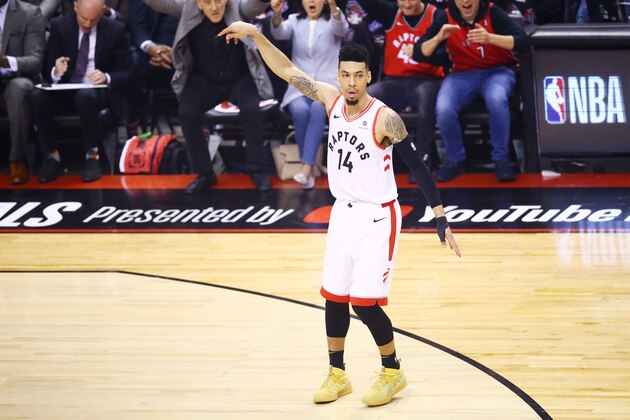TORONTO, ONTARIO - MAY 30:  Danny Green #14 of the Toronto Raptors reacts against the Golden State Warriors in the first quarter during Game One of the 2019 NBA Finals at Scotiabank Arena on May 30, 2019 in Toronto, Canada. NOTE TO USER: User expressly acknowledges and agrees that, by downloading and or using this photograph, User is consenting to the terms and conditions of the Getty Images License Agreement. (Photo by Vaughn Ridley/Getty Images)
