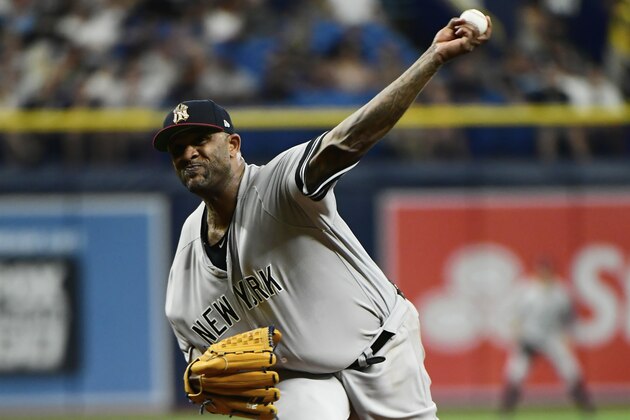 ST. PETERSBURG, FLORIDA - JULY 06: CC Sabathia #52 of the New York Yankees pitches to the Tampa Bay Rays during the second inning of a baseball game at Tropicana Field on July 06, 2019 in St. Petersburg, Florida. (Photo by Julio Aguilar/Getty Images)