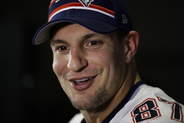 New England Patriots' Rob Gronkowski speaks with members of the media during a news conference Wednesday, Jan. 30, 2019, ahead of the NFL Super Bowl 53 football game against Los Angeles Rams in Atlanta. (AP Photo/Matt Rourke)