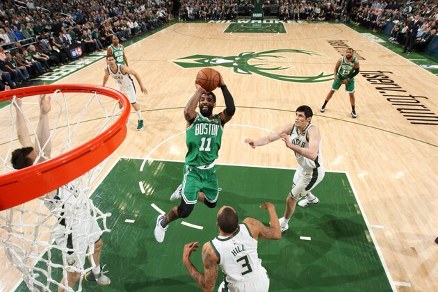 MILWAUKEE, WI - MAY 8: Kyrie Irving #11 of the Boston Celtics shoots the ball against the Milwaukee Bucks during Game Five of the Eastern Conference Semifinals of the 2019 NBA Playoffs on May 8, 2019 at the Fiserv Forum in Milwaukee, Wisconsin. NOTE TO USER: User expressly acknowledges and agrees that, by downloading and/or using this photograph, user is consenting to the terms and conditions of the Getty Images License Agreement. Mandatory Copyright Notice: Copyright 2019 NBAE (Photo by Gary Dineen/NBAE via Getty Images)