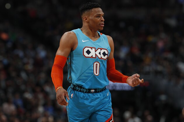 Oklahoma City Thunder guard Russell Westbrook (0) in the second half of an NBA basketball game Tuesday, Feb. 26, 2019, in Denver. The Nuggets won 121-112. (AP Photo/David Zalubowski)