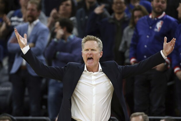Golden State Warriors coach Steve Kerr reacts to a call during the second half of the team's NBA basketball game against the Minnesota Timberwolves, Friday March 29, 2019, in Minneapolis. Minnesota won 131-130 in overtime. (AP Photo/Stacy Bengs)
