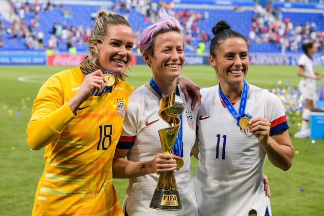 (L-R) goalkeeper Ashlyn Harris of USA women, Megan Rapinoe of USA women, Ali Krieger of USA women during the FIFA Women's World Cup France 2019 final match between United States of America and The Netherlands at Stade de Lyon on July 07, 2019 in Lyon, France(Photo by VI Images via Getty Images)