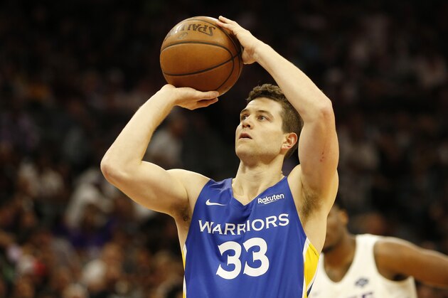 In this photo taken Monday July 1, 2019, Golden State Warriors guard Jimmer Fredette shoots a free throw during the first half of an NBA basketball summer league game against the Sacramento Kings in Sacramento, Calif. The Kings won 81-77. (AP Photo/Rich Pedroncelli)
