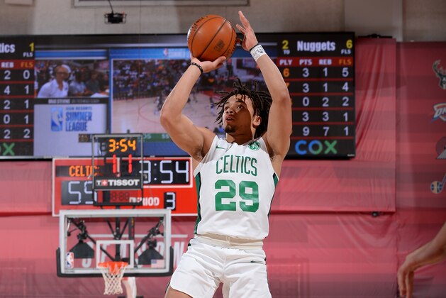 LAS VEGAS, NV - JULY 9: Carsen Edwards #29 of the Boston Celtics shoots the ball against the Denver Nuggets on July 9, 2019 at the Cox Pavilion in Las Vegas, Nevada. NOTE TO USER: User expressly acknowledges and agrees that, by downloading and/or using this photograph, user is consenting to the terms and conditions of the Getty Images License Agreement. Mandatory Copyright Notice: Copyright 2019 NBAE (Photo by Bart Young/NBAE via Getty Images)
