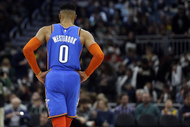 Oklahoma City Thunder's Russell Westbrook during the second half of an NBA basketball game against the Milwaukee Bucks Wednesday, April 10, 2019, in Milwaukee. (AP Photo/Aaron Gash)
