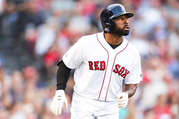BOSTON, MA - JUNE 24:   Jackie Bradley Jr. #19 of the Boston Red Sox hits a solo home run in yeti second inning of a game against the Chicago White Sox at Fenway Park on June 24, 2019 in Boston, Massachusetts.  (Photo by Adam Glanzman/Getty Images)