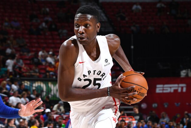 LAS VEGAS, NV - JULY 9: Chris Boucher #25 of the Toronto Raptors drives through the paint during the game against the New York Knicks during Day 5 of the 2019 Las Vegas Summer League on July 9, 2019 at the Thomas & Mack Center in Las Vegas, Nevada. NOTE TO USER: User expressly acknowledges and agrees that, by downloading and or using this Photograph, user is consenting to the terms and conditions of the Getty Images License Agreement. Mandatory Copyright Notice: Copyright 2019 NBAE (Photo by Garrett Ellwood/NBAE via Getty Images)