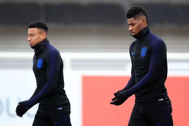 BURTON-UPON-TRENT, ENGLAND - JUNE 05:  Jesse Lingard and Marcus Rashford of England during an England training session on the eve of their UEFA Nations League match against the Netherlands at St Georges Park on June 5, 2019 in Burton-upon-Trent, England. (Photo by Marc Atkins/Getty Images)