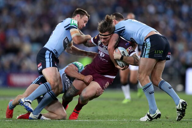 SYDNEY, AUSTRALIA - JULY 10:  Ethan Lowe of the Maroons is tackled during game three of the 2019 State of Origin series between the New South Wales Blues and the Queensland Maroons at ANZ Stadium on July 10, 2019 in Sydney, Australia. (Photo by Matt King/Getty Images)