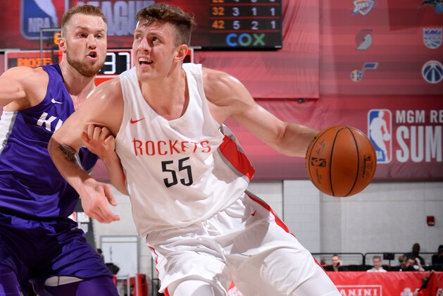 LAS VEGAS, NV - JULY 9: Isaiah Hartenstein #55 of the Houston Rockets handles the ball against the Sacramento Kings on July 9, 2019 at the Cox Pavilion in Las Vegas, Nevada. NOTE TO USER: User expressly acknowledges and agrees that, by downloading and/or using this photograph, user is consenting to the terms and conditions of the Getty Images License Agreement. Mandatory Copyright Notice: Copyright 2019 NBAE (Photo by Bart Young/NBAE via Getty Images)