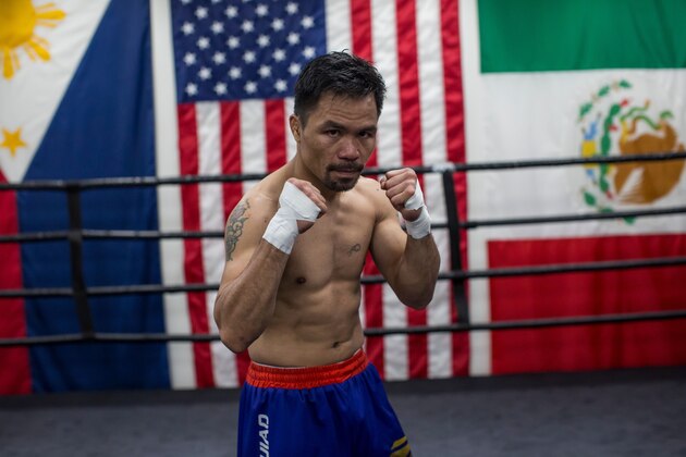 Filipino boxer Manny Pacquiao attends an afternoon training session at Wild Card Boxing in Los Angeles on June 20, 2019. - Veteran trainer Freddie Roach says Manny Pacquiao has rediscovered his aggressive streak as the one-month countdown to his battle with welterweight champion Keith Thurman got under way on June 20. (Photo by Apu Gomes / AFP)        (Photo credit should read APU GOMES/AFP/Getty Images)