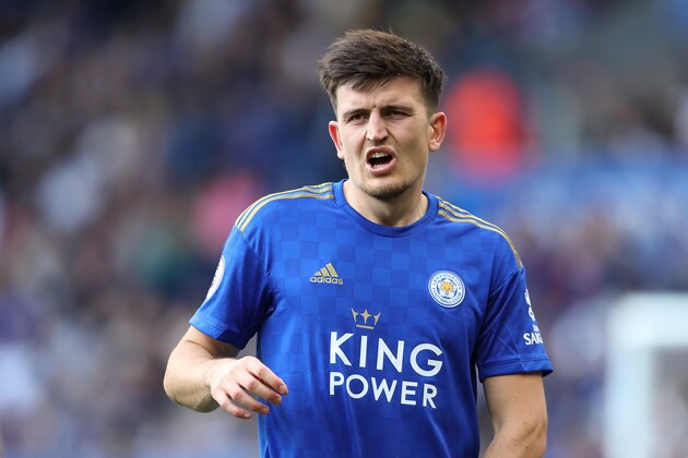 LEICESTER, ENGLAND - MAY 12: Harry Maguire of Leicester City during the Premier League match between Leicester City and Chelsea FC at The King Power Stadium on May 12, 2019 in Leicester, United Kingdom. (Photo by James Williamson - AMA/Getty Images)