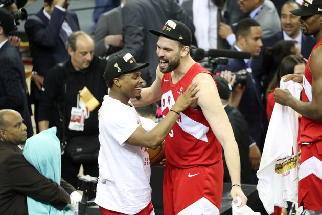 OAKLAND, CA - JUNE 13:  Kyle Lowry #7 and Marc Gasol #33 of the Toronto Raptors celebrate after the Toronto Raptors win the game and become the 2019 NBA Champions during Game Six of the NBA Finals on June 13, 2019 at ORACLE Arena in Oakland, California. NOTE TO USER: User expressly acknowledges and agrees that, by downloading and/or using this photograph, user is consenting to the terms and conditions of Getty Images License Agreement. Mandatory Copyright Notice: Copyright 2019 NBAE (Photo by Joe Murphy/NBAE via Getty Images)