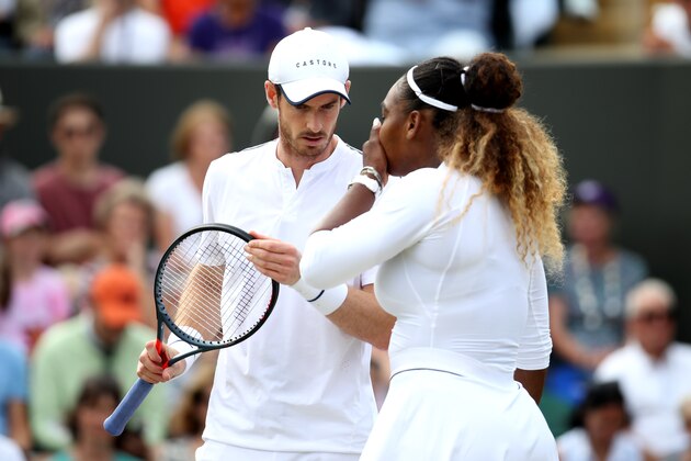 LONDON, ENGLAND - JULY 10: Serena Williams of the United States (R) speaks with Andy Murray of Great Britain in their Mixed Doubles third round match against Bruno Soares of Brazil and Nicole Melichar of the United States during Day Nine of The Championships - Wimbledon 2019 at All England Lawn Tennis and Croquet Club on July 10, 2019 in London, England. (Photo by Alex Pantling/Getty Images)