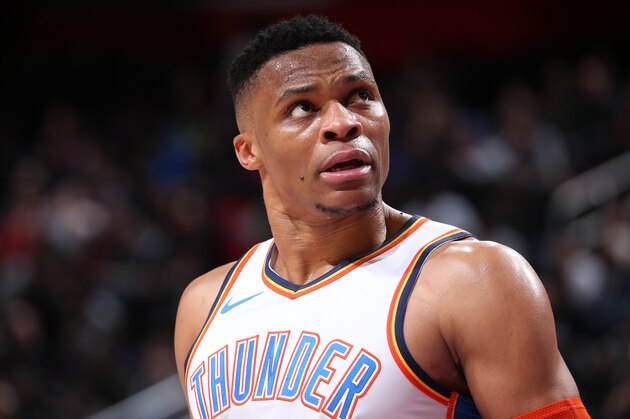 DETROIT, MI - DECEMBER 3:  Russell Westbrook #0 of the Oklahoma City Thunder looks on against the Detroit Pistons on December 3, 2018 at Little Caesars Arena in Detroit, Michigan. NOTE TO USER: User expressly acknowledges and agrees that, by downloading and/or using this photograph, User is consenting to the terms and conditions of the Getty Images License Agreement. Mandatory Copyright Notice: Copyright 2018 NBAE (Photo by Brian Sevald/NBAE via Getty Images)