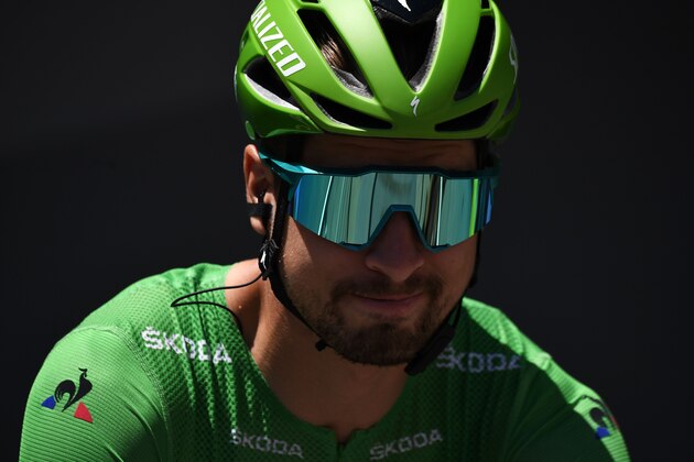 Slovakia's Peter Sagan, wearing the best sprinter's green jersey waits in the departing area during the signing in ceremony before the start of the fifth stage of the 106th edition of the Tour de France cycling race between Saint-Die-des-Vosges and Colmar, in Saint-Die-des-Vosges, eastern France, on July 10, 2019. (Photo by JEFF PACHOUD / AFP)        (Photo credit should read JEFF PACHOUD/AFP/Getty Images)