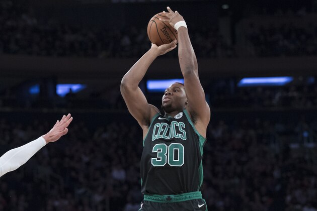 Boston Celtics forward Guerschon Yabusele shoots the ball during the second half of an NBA basketball game against the New York Knicks, Saturday, Oct. 20, 2018, at Madison Square Garden in New York. The Celtics won 103-101. (AP Photo/Mary Altaffer)