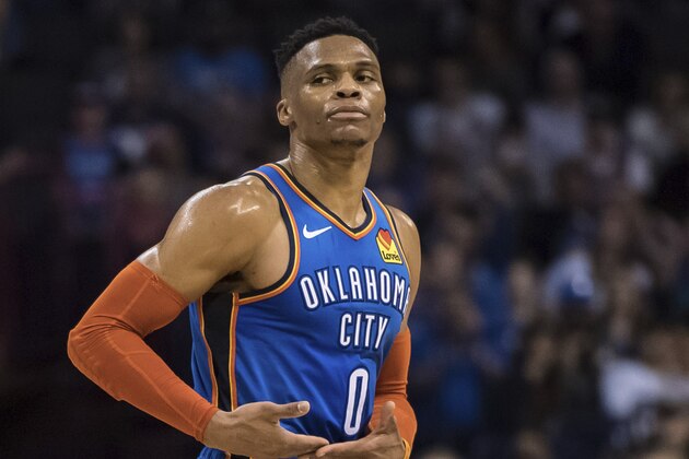 Oklahoma City Thunder guard Russell Westbrook gestures after scoring against the Indiana Pacers during the second half of an NBA basketball game Wednesday, March 27, 2019, in Oklahoma City. (AP Photo/Rob Ferguson)