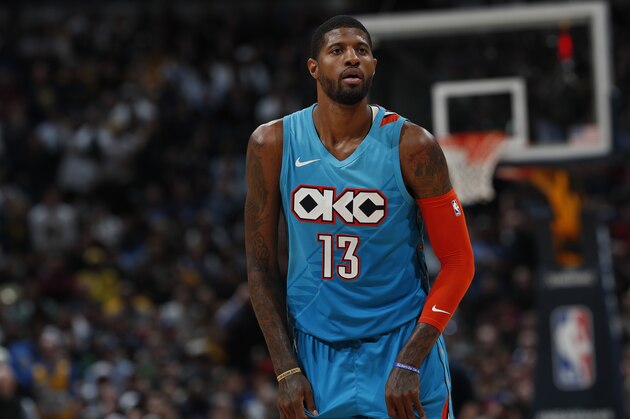Oklahoma City Thunder forward Paul George (13) in the second half of an NBA basketball game Tuesday, Feb. 26, 2019, in Denver. The Nuggets won 121-112. (AP Photo/David Zalubowski)