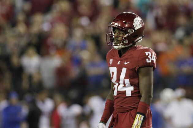 Washington State safety Jalen Thompson (34) stands on the field during the second half of an NCAA college football game against Boise State in Pullman, Wash., Saturday, Sept. 9, 2017. (AP Photo/Young Kwak)