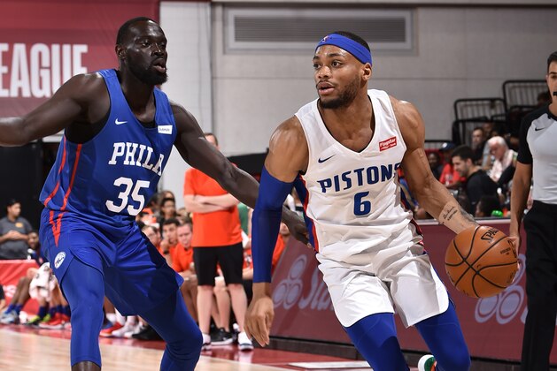 LAS VEGAS, NV - JULY 10:  Bruce Brown #6 of the Detroit Pistons handles the ball against the Philadelphia 76ers on July 10, 2019 at the Cox Pavilion in Las Vegas, Nevada. NOTE TO USER: User expressly acknowledges and agrees that, by downloading and/or using this photograph, user is consenting to the terms and conditions of the Getty Images License Agreement. Mandatory Copyright Notice: Copyright 2019 NBAE (Photo by David Dow/NBAE via Getty Images)