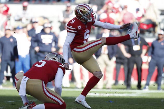 FILE - In this Dec. 23, 2018, file photo, San Francisco 49ers kicker Robbie Gould (9) kicks a field goal from the hold of Bradley Pinion during the first half of an NFL football game against the Chicago Bears, in Santa Clara, Calif. The S49ers have placed the franchise tag on kicker Robbie Gould. The Niners made the move Tuesday, Feb. 26, 2019, to keep Gould in 2019 for a price tag of about $5 million. (AP Photo/Tony Avelar, File)