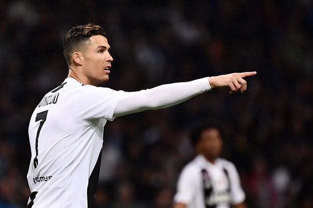Juventus' Portuguese forward Cristiano Ronaldo gestures during the Italian Serie A football match between Inter Milan and Juventus on April 27, 2019 at the San Siro stadium in Milan. (Photo by MARCO BERTORELLO / AFP)        (Photo credit should read MARCO BERTORELLO/AFP/Getty Images)