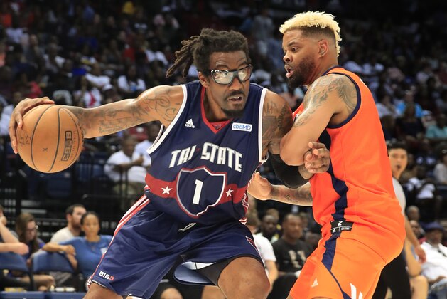 BIRMINGHAM, ALABAMA - JULY 06: Amar'e Stoudemire #1 of Tri-State drives the ball against Andre Emmett #2 of 3’s Company during week three of the BIG3 three on three basketball league at Legacy Arena at the BJCC on July 06, 2019 in Birmingham, Alabama. (Photo by Andy Lyons/BIG3/Getty Images)