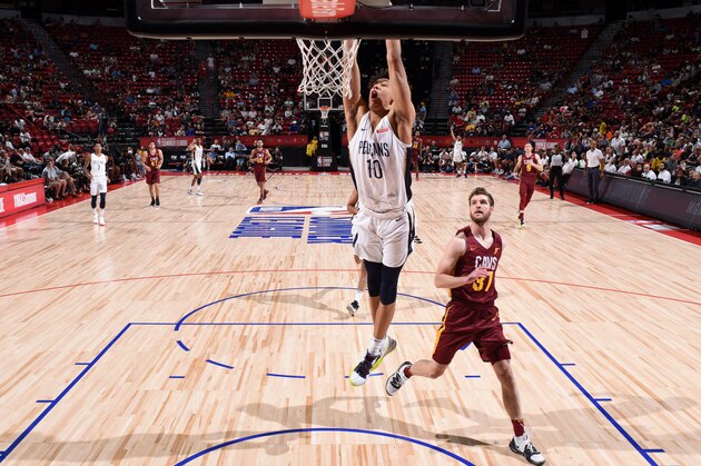 LAS VEGAS, NV - JULY 10: Jaxson Hayes #10 of the New Orleans Pelicans dunks the ball against the Cleveland Cavaliers on July 10, 2019 at the Thomas & Mack Center in Las Vegas, Nevada. NOTE TO USER: User expressly acknowledges and agrees that, by downloading and/or using this Photograph, user is consenting to the terms and conditions of the Getty Images License Agreement. Mandatory Copyright Notice: Copyright 2019 NBAE (Photo by Garrett Ellwood/NBAE via Getty Images)