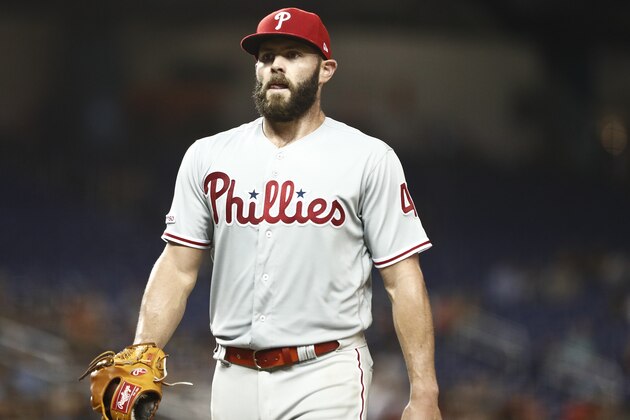 Philadelphia Phillies starting pitcher Jake Arrieta (49) walks off the field after the sixth inning of a baseball game against the Miami Marlins on Friday, April 12, 2019, in Miami. (AP Photo/Brynn Anderson)