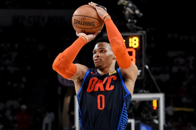 PORTLAND, OREGON - APRIL 23: Russell Westbrook #0 of the Oklahoma City Thunder shoots the ball during the second half of Game Five of the Western Conference quarterfinals against the Portland Trail Blazersduring the 2019 NBA Playoffs at Moda Center on April 23, 2019 in Portland, Oregon. The Blazers won 118-115.  NOTE TO USER: User expressly acknowledges and agrees that, by downloading and or using this photograph, User is consenting to the terms and conditions of the Getty Images License Agreement. (Photo by Steve Dykes/Getty Images)