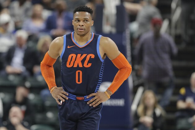 Oklahoma City Thunder's Russell Westbrook (0) in action during the first half of an NBA basketball game against the Indiana Pacers, Thursday, March 14, 2019, in Indianapolis. (AP Photo/Darron Cummings)