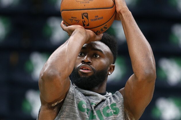 Boston Celtics' Jaylen Brown warms up before Game 3 of the team's second-round NBA basketball playoff series against the Milwaukee Bucks in Boston, Friday, May 3, 2019. (AP Photo/Michael Dwyer)