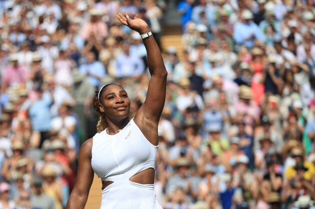 US player Serena Williams celebrates after beating Czech Republic's Barbora Strycova during their women's singles semi-final match on day ten of the 2019 Wimbledon Championships at The All England Lawn Tennis Club in Wimbledon, southwest London, on July 11, 2019. (Photo by Adam DAVY / POOL / AFP) / RESTRICTED TO EDITORIAL USE        (Photo credit should read ADAM DAVY/AFP/Getty Images)