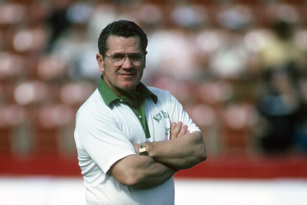 LOS ANGELES, CA - JANUARY 15:  Head coach Walt Michaels of the New York Jets looks on during pregame warm ups prior to the AFC Divisional Playoff Game against the Los Angeles Raiders January 15, 1983 at the Los Angeles Memorial Coliseum in Los Angeles, California. Michaels coached the Jets from 1977-82. (Photo by Focus on Sport/Getty Images)
