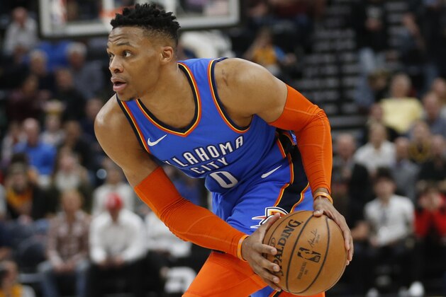 Oklahoma City Thunder guard Russell Westbrook looks on in the first half during an NBA basketball game against the Utah Jazz Monday, March 11, 2019, in Salt Lake City. (AP Photo/Rick Bowmer)