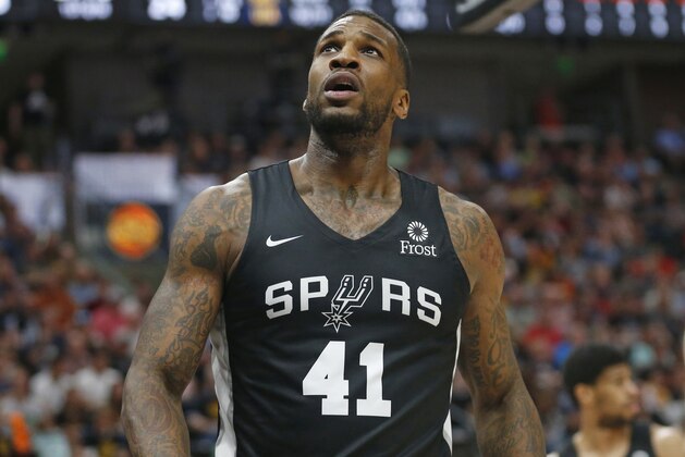 San Antonio Spurs forward Thomas Robinson looks at the scoreboard during the first half of the team's NBA summer league basketball game against the Utah Jazz on Wednesday, July 3, 2019, in Salt Lake City. (AP Photo/Rick Bowmer)