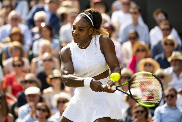 LONDON, ENGLAND - JULY 11: Serena Williams of the United States hits a backhand against Barbora Strycova of the Czech Republic during Day 10 of The Championships - Wimbledon 2019 at All England Lawn Tennis and Croquet Club on July 11, 2019 in London, England. (Photo by TPN/Getty Images)