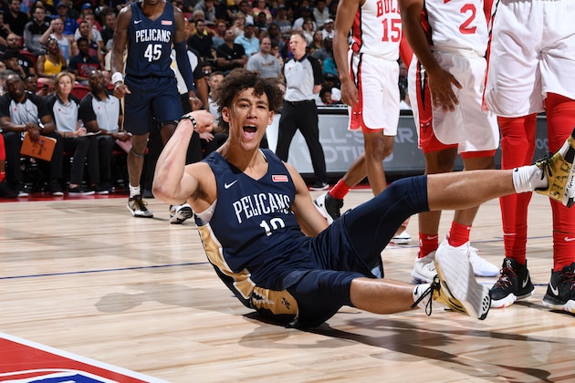 LAS VEGAS, NV - JULY 8: Jaxson Hayes #10 of the New Orleans Pelicans reacts to a play during the game against the Chicago Bulls on July 8, 2019 at the Thomas & Mack Center in Las Vegas, Nevada. NOTE TO USER: User expressly acknowledges and agrees that, by downloading and/or using this photograph, user is consenting to the terms and conditions of the Getty Images License Agreement. Mandatory Copyright Notice: Copyright 2019 NBAE (Photo by Garrett Ellwood/NBAE via Getty Images)