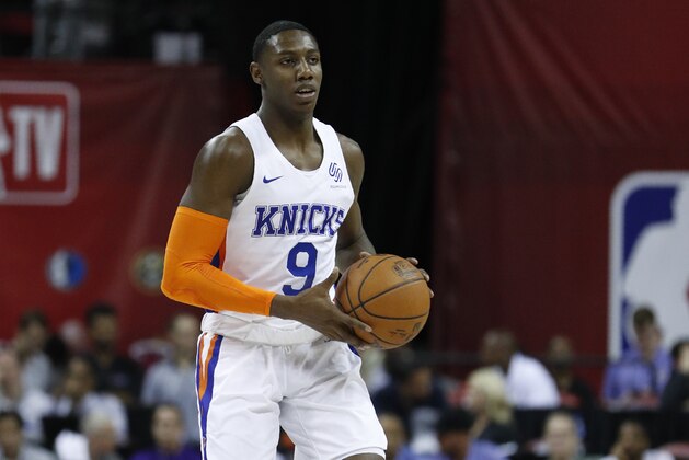 New York Knicks' RJ Barrett plays against the Los Angeles Lakers during an NBA summer league basketball game Wednesday, July 10, 2019, in Las Vegas. (AP Photo/John Locher)