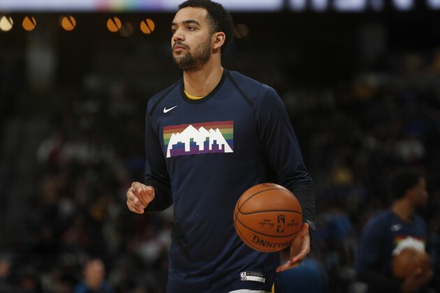 Denver Nuggets forward Trey Lyles (7) in the second half of an NBA basketball game Wednesday, April 10, 2019, in Denver. The Nuggets won 99-95. (AP Photo/David Zalubowski)