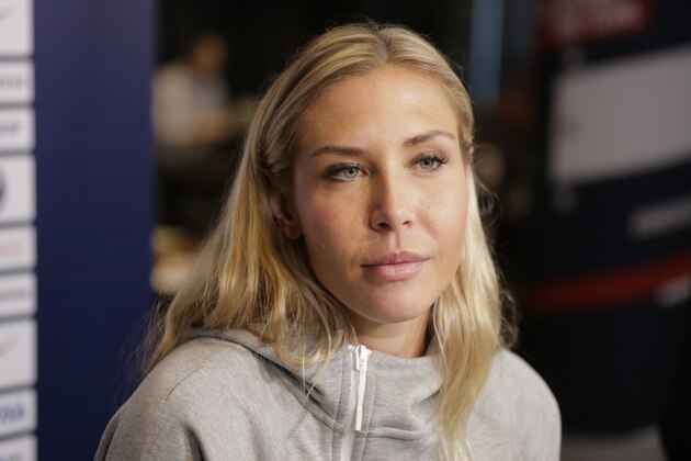 Allie Long, a member of the United States women's national soccer team, speaks to reporters during a media day in New York, Friday, May 24, 2019. (AP Photo/Seth Wenig)