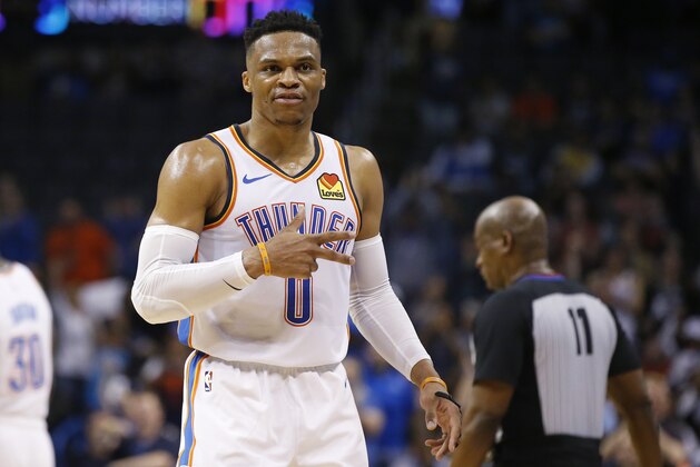 Oklahoma City Thunder guard Russell Westbrook (0) gestures to the crowd in the second half of an NBA basketball game against the Los Angeles Lakers, Tuesday, April 2, 2019, in Oklahoma City. Westbrook became just the second player in NBA history to have 20 points, 20 rebounds and 20 assists in a game as the Oklahoma City Thunder defeated the Los Angeles Lakers 119-103. (AP Photo/Sue Ogrocki)